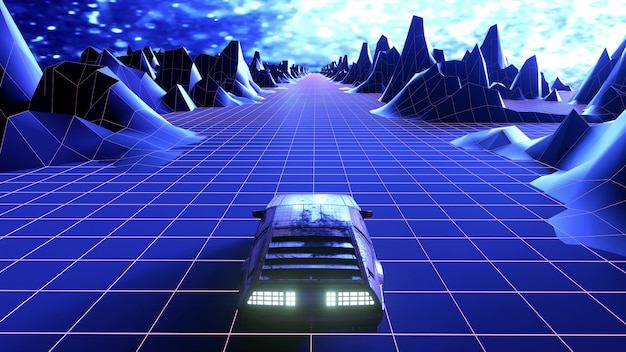 Retro automobile della città di notte di synthwave. rendering 3d