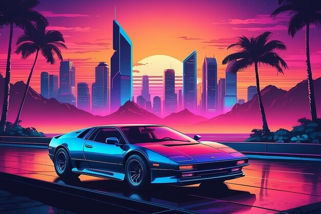 Foto retro synthwave poster met stadslandschap super auto en zonsondergang generatieve ai