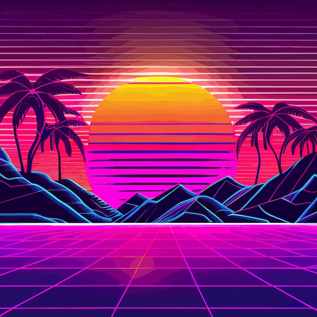 Ánh hoàng hôn mang phong cách retro synthwave sẽ đưa bạn quay lại những năm tháng đầy hoài niệm với đường cong và màu sắc tươi sáng. Hãy nhấn vào ảnh liên quan để trải nghiệm không gian thật nhịp nhàng.