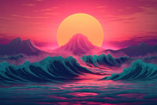 Retro Synthwave-zonsonderganglandschap met oceaangolven