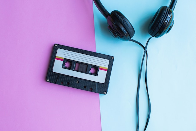 Retro of tape cassette on blue and pink