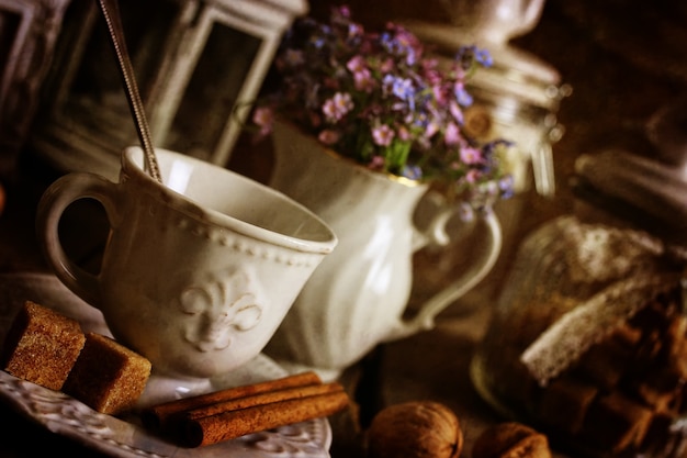 Retro tea set on wooden background