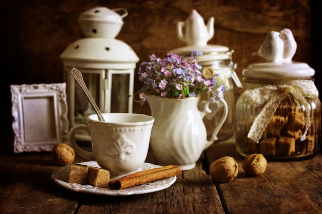 Retro tea set on wooden background