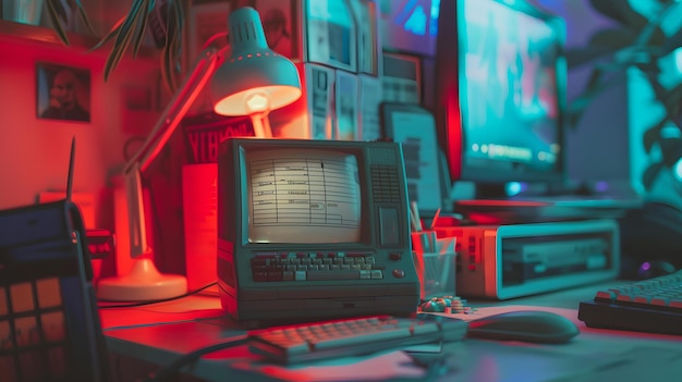 Foto ufficio retro-tecnologico con computer d'epoca, luce ambientale accogliente, spazio di lavoro nostalgico, perfetto per gli appassionati di tecnologia.