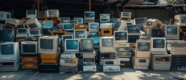 Retro Tech Relics IT-schroot uit de jaren tachtig en negentig in afwachting van recycling een nostalgische herinnering aan technologische evolutie