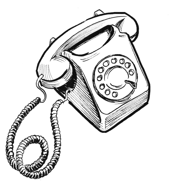 Retro telefoon. Inkt zwart-wit tekening