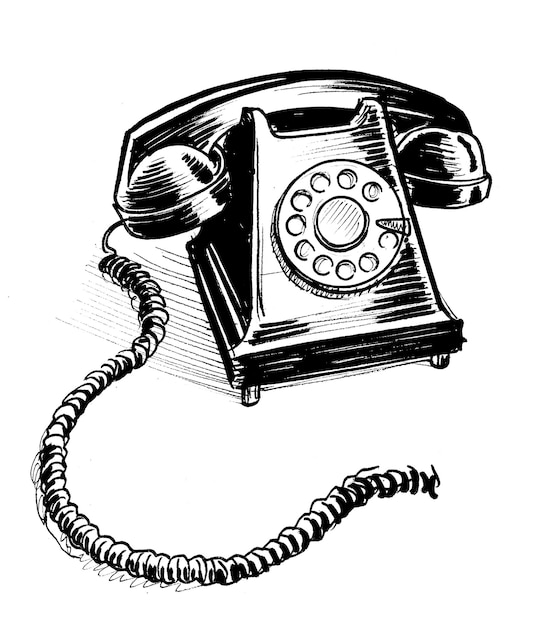 Retro telefoon. Inkt zwart-wit tekening