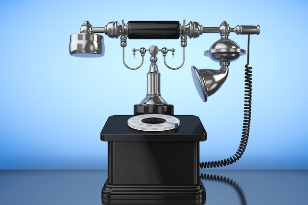 Retro telefoon. Vintage telefoon op een blauwe achtergrond. 3D-rendering
