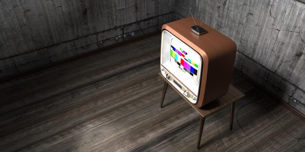 Retro television set concrete walls 3D illustration