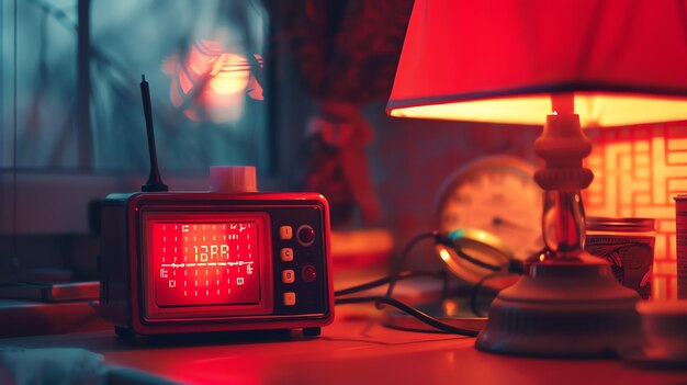 Photo a retro television set with a red screen sits on a table next to a lamp the television is turned on and static is visible on the screen