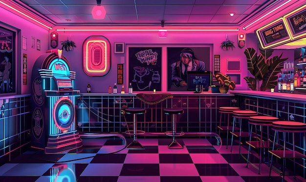 Photo retro themed bar area with a vintage jukebox and neon bar si interior room neon light vr concept