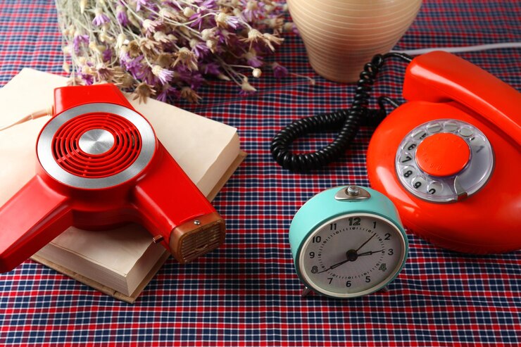 Photo retro things on tablehairdryer clock phone book