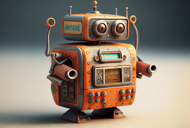 Retro tin robot toy on the minimal background Playful and fun concept Generative AI