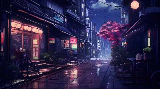 밤의 레트로 도쿄 골목 분위기