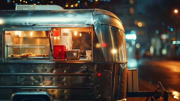 Photo retro trailer of street food in night city generative ai