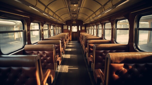 Retro train wagon with oldfashioned seats for passenger Generative AI