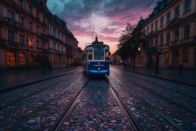 Retro tram in european city Neural network AI generated