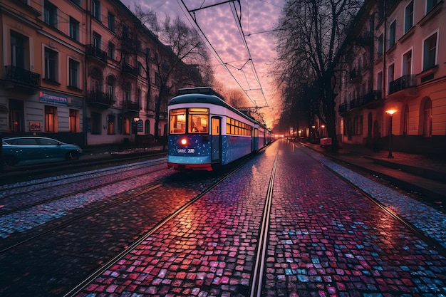 Retro tram in Europese stad Neuraal netwerk AI gegenereerd