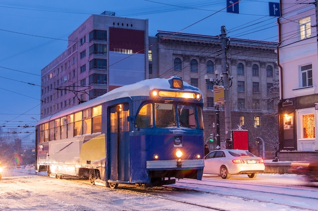 Retro tram in the street of winter city of Khabarovsk