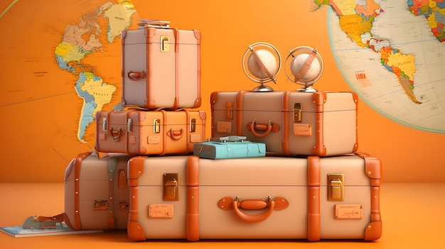 Retro travel trunks and vintage maps arranged on a warm orange background