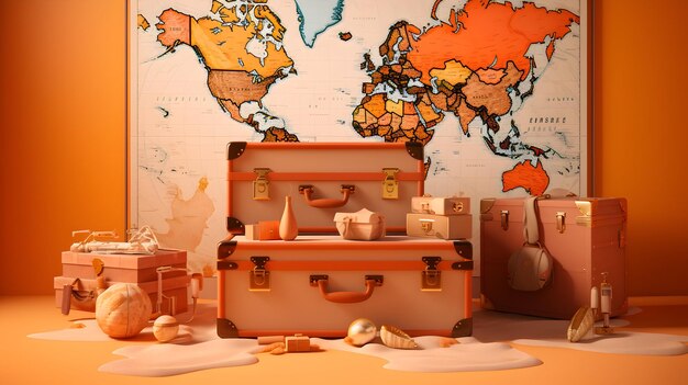 Retro travel trunks and vintage maps arranged on a warm orange background