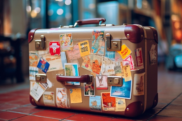 An Retro Travel Vintage Suitcase with Stickers