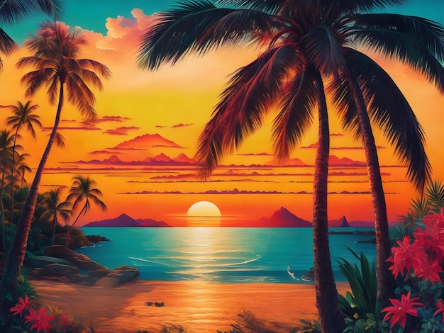 Retro tropical beach sunset