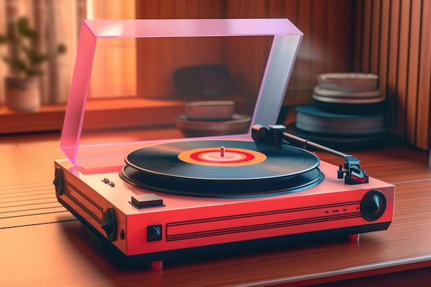 Retro turntable with a vinyl record playing created with generative ai