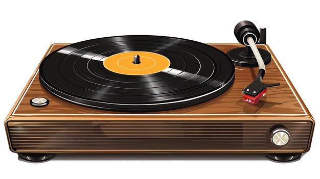 Photo retro turntable with wooden body and red tonearm turntable is playing a black record isolated on white background