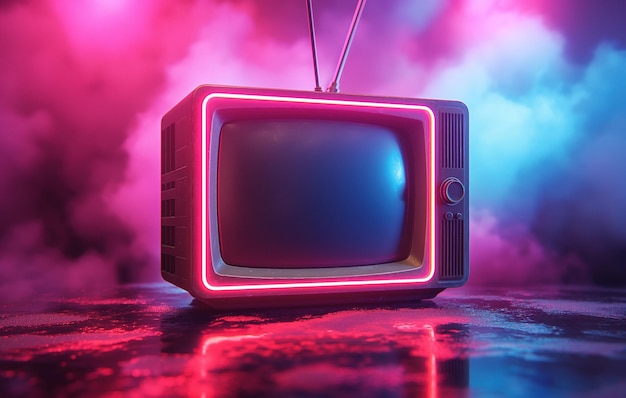 Ретро-телевизор под неоновыми огнями, купающийся в розовом и синем градиенте