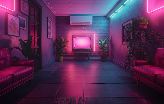 Photo retro tv under neon lights bathed in a pink and blue gradient