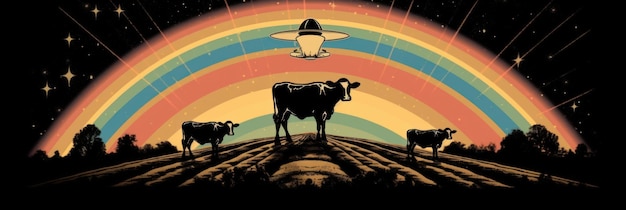 Retro ufo with rainbow and ray on cow Generative AI