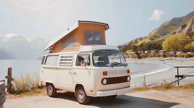 Retro van car beside a river Van life