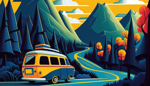 Retro van driving along the ocean in bold colors and strong lines