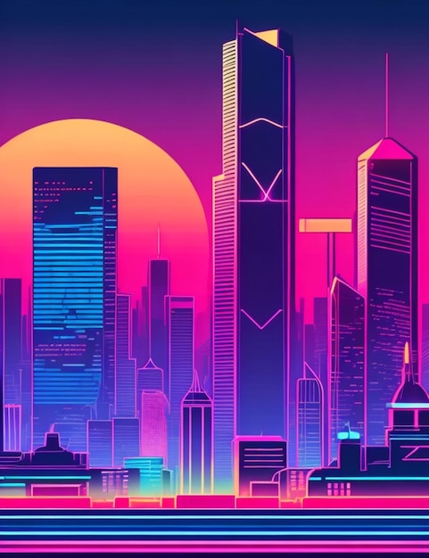 Photo retro vector illustration of a neon city skyline