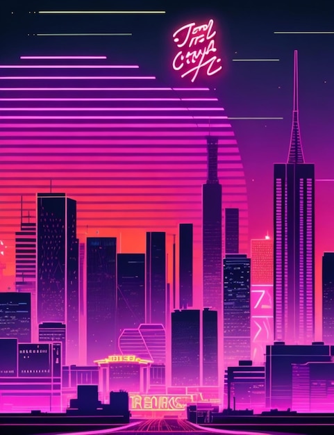 Retro vector illustration of a neon city skyline