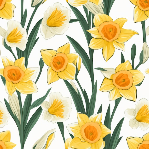 Retro vector seamless pattern of colorful daffodil flowers