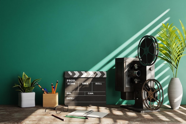 Retro vibe achtergrond met groene muur erachter met leisteen van de filmregisseur en oude filmprojector 3D-rendering