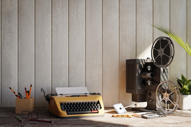 Retro vibe background with wood siding wall behind with old typewriter and old movie projector 3d rendering