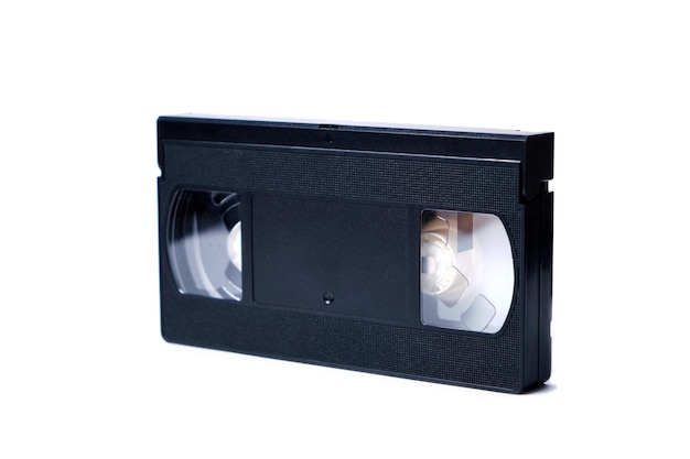 Photo retro videotape on white background, close-up isolate.