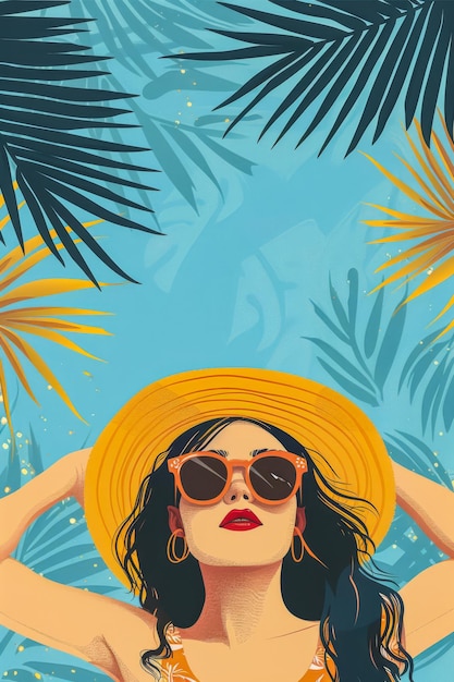 Retro vintage 70's vrouw op het strand illustratie met levendige kleuren