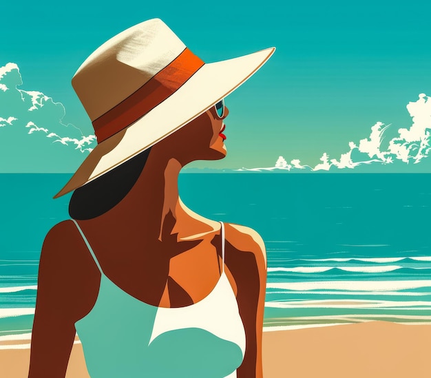Retro vintage 70's vrouw op het strand illustratie met levendige kleuren