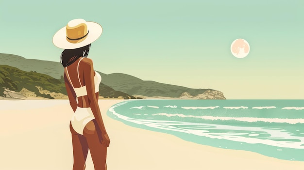 Retro vintage 70s woman at the beach illustration with vibrant colors