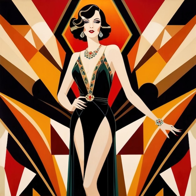 Foto illustrazione in stile art deco retro di una donna in abito da cocktail