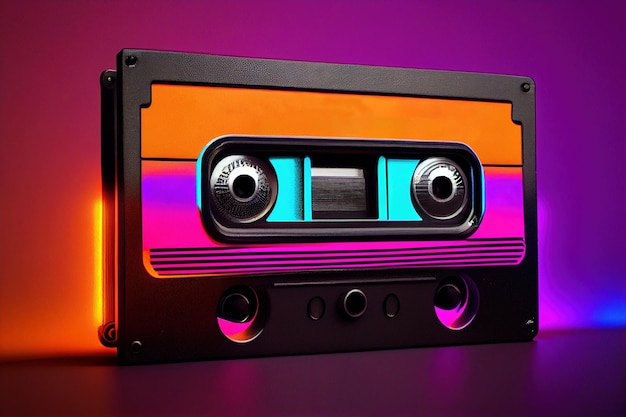 Retro Vintage audio cassette on a neon colored background