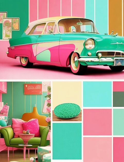 Retro vintage auto Comfortabele roze bank met kussens bank Generatieve door Ai