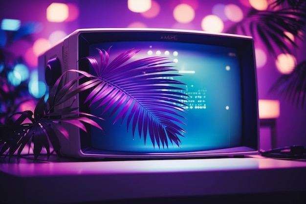 Retro vintage computer monitor with tropical paradise
