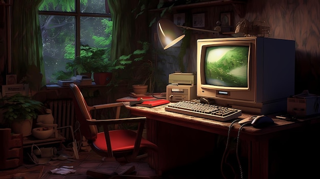 Retro vintage desktop computer 80's 90's technology Cozy retrowave interior Warm lofi atmosphere Generative AI