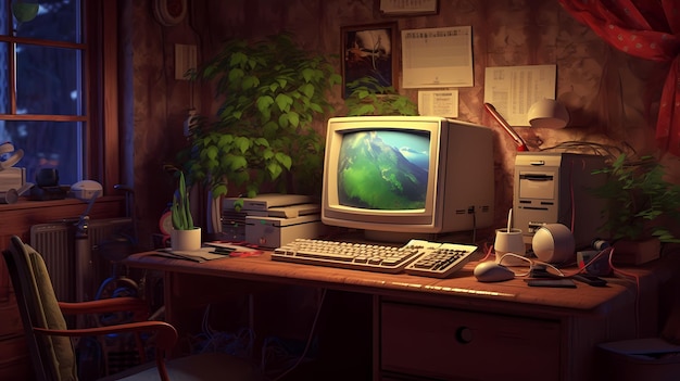 Retro vintage desktop computer 80's 90's technology Cozy retrowave interior Warm lofi atmosphere Generative AI