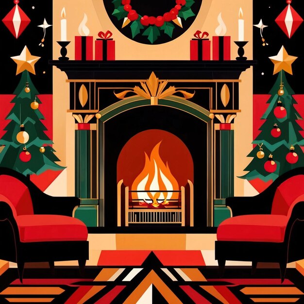 Retro vintage fireplace warm hearth in home art deco style illustration